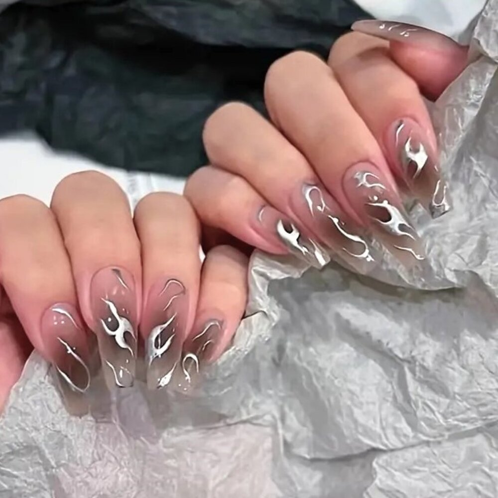 Nails Silver Flame Swirls Press On 24 Stylish Trendy Fake Glam Vacation Reusable